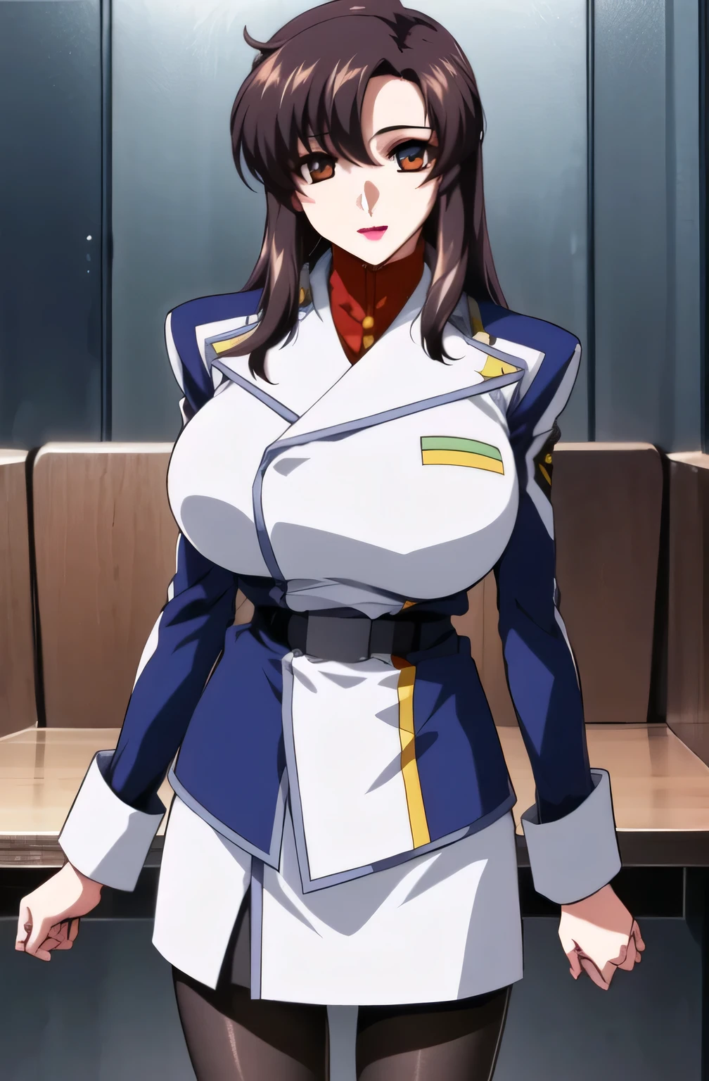 bare legs,I'm wearing thigh-length white long boots,face more delicately,The skin on the jacket is hidden by the uniform,That's enough for me,draw an expression on the face even more delicately, simple background , Please draw big breasts even bigger breasts, Open legs inviting ,
military uniform, military, jacket, blue and white uniform ,Please draw a shorter micro skirt, my whole body, open legs,
(black_ Elegant pantyhose :1.3),
Front hair,Tea color_hair, length_hair,red Eye ,lipstick, offset,
1 girl, I want to draw expressions even more delicately on a 40-year-old adult woman,, young woman ,beautiful Finger,beautiful length legs,beautiful body,beautiful Nose,beautiful character design, perfect Eye , perfect face,expressive Eye , Perfect Balance ,
,(Focus on her face), I closed my mouth , (Innocent_big_Eye :1.0),light_笑face,
official art, tamago cloth CG 、 Unity 8k Wallpaper , Full light,colorful, bright _Front _face_lighting, white skin,
(masterpiece:1.0),(Highest_quality:1.0), ,4K, tamago cloth ,
photo shoot, 8k, High image quality, High image quality, absurd:1.2, Kodak Portra 400 , film grain , from Yubi's point of view、The image is blurry, bokeh:1.2, lens flare , ( vibrant_color:1.2), Professional photo shoot ,
(beautiful,huge_chest:1.4), (beautiful_face:1.5),(Narrow _ waist ),