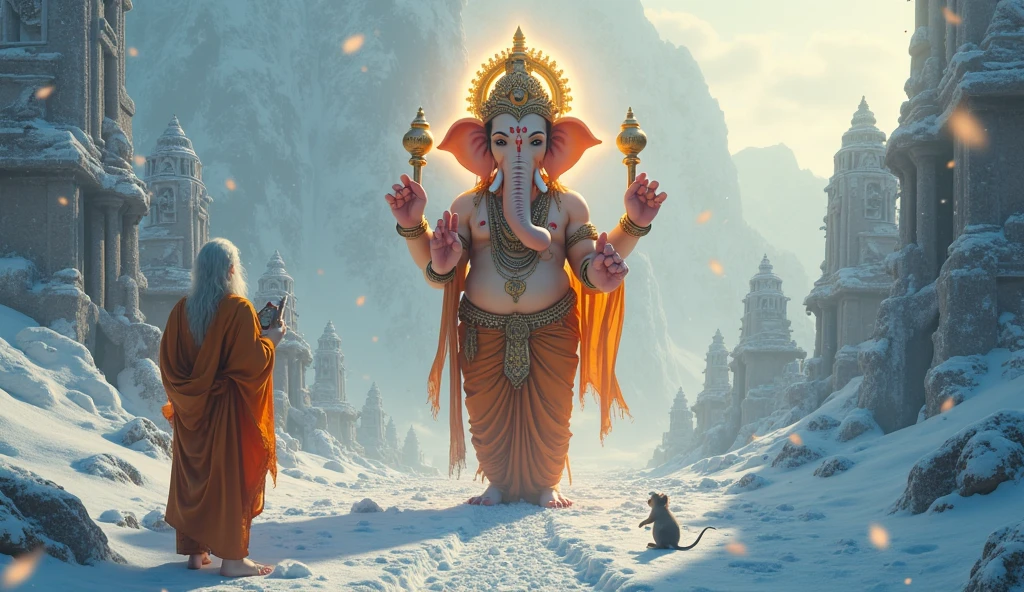 Lord Ganesh, leg near rat, with Pooja elements, Mount Himalaya background