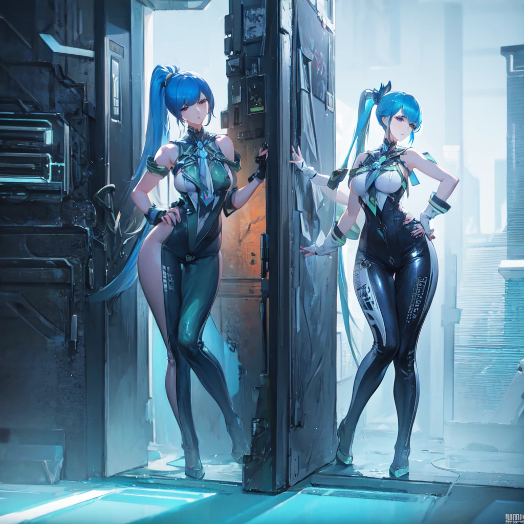 short hair, blue eyes, blue theme, blue skin,1 solo, anatomically correct, short hair, beautiful blue eyes,[ small breasts], small waist, wide hips, juicy thighs, perfect ass, nice ass, juicy ass, wearing sexy playboy rabbit suit, sexy suit, revealing suit, stockings, thong, sexy thong, rabbit ears, walking away from the viewer, looking over her shoulder, public background, 8k, best quality