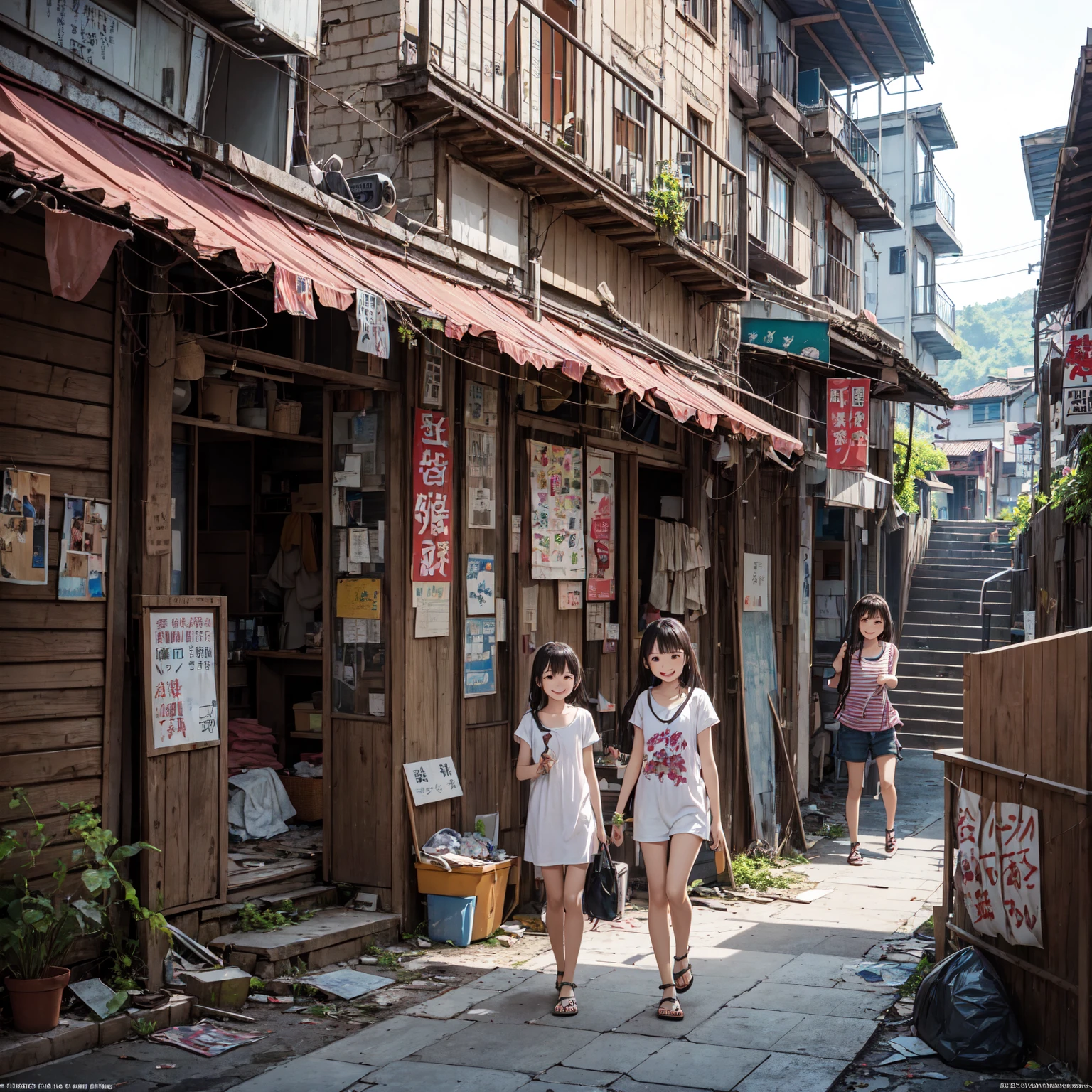 ((masterpiece、Highest quality))、Japan's poor neighborhoods、The girls gather、A girl in a dirty, ragged summer dress、屋台のdiet店、Displayed meat、(Detailed and cute face:1.3)、(Crumbling underground shopping mall)、Unsanitary and abandoned city、smile、diet、Poor conditions、ruins、stage、sewage、Dirty shop、street vendors、Poor person々、Blame me people