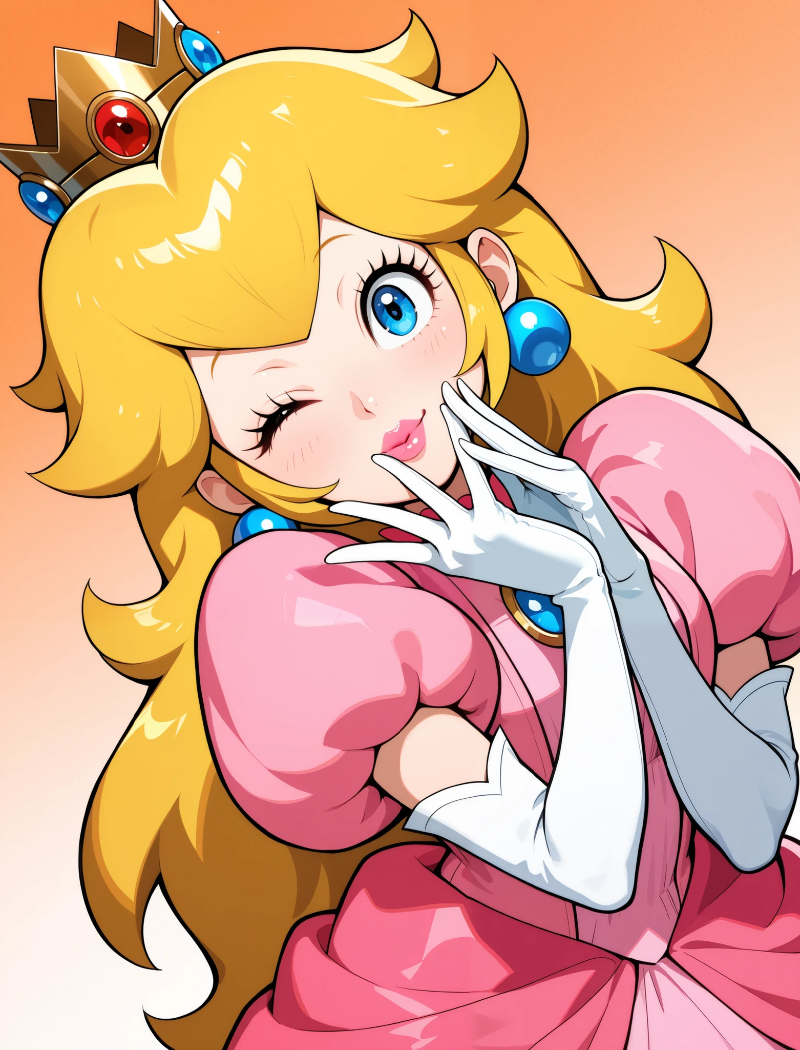 1 girl, solo, BREAK princess peach, blue eyes, long hair, crown, pink dress, jewelry, earrings, white gloves, puffy sleeves, elbow gloves, puffy short sleeves,greeting, upper body, smiling, winking, kiss, looking at viewer, dutch angle, best quality,amazing quality, masterpiece, anime artstyle,simple background, no background, orange white gradient background,