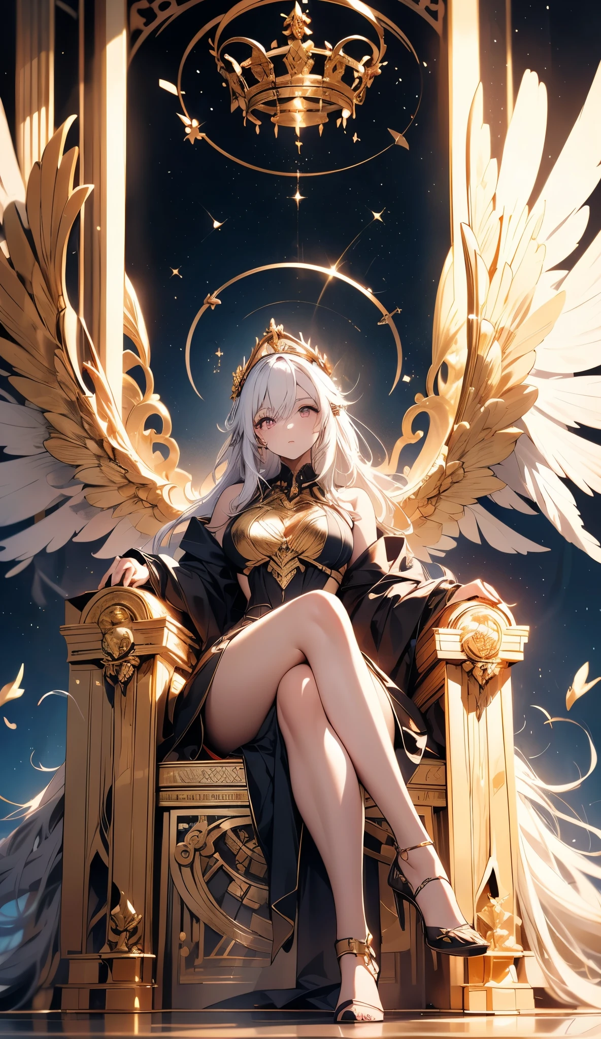 1Girl mistical, Valkyrie from Norse mythology, huge wings, open wings, 4 asas, Wings top part, Wings bottom, heavenly wings, halo, halo angelical de espinhos acima da cabeça, long hair that reaches the floor, Hair in full motion, open hair, Nordic divine robes, gold ornaments, heterochromia, red and purple eyes, hair, Thicc thighs , medium breasts, heavenly mask on her mouth, is moving towards the viewer in an imposing and overwhelming way, Mystical feathers flying through the environment,  look away, arrogant, pride, Altivez, opulence, ((((She's sitting on a golden marble throne))), { 16k CG unit wallpaper}, Expansive landscape photograph, ( a view from below focusing on the character and the setting ), ( wide view of open field ), (low angle photo), (high light: 1.4), (low light: 1.9), (source of hot light: 1.2), Complex details, ( iridescent colors : 1.2), (bright lighting), (atmospheric lighting), Dreamer, unique, bright colors