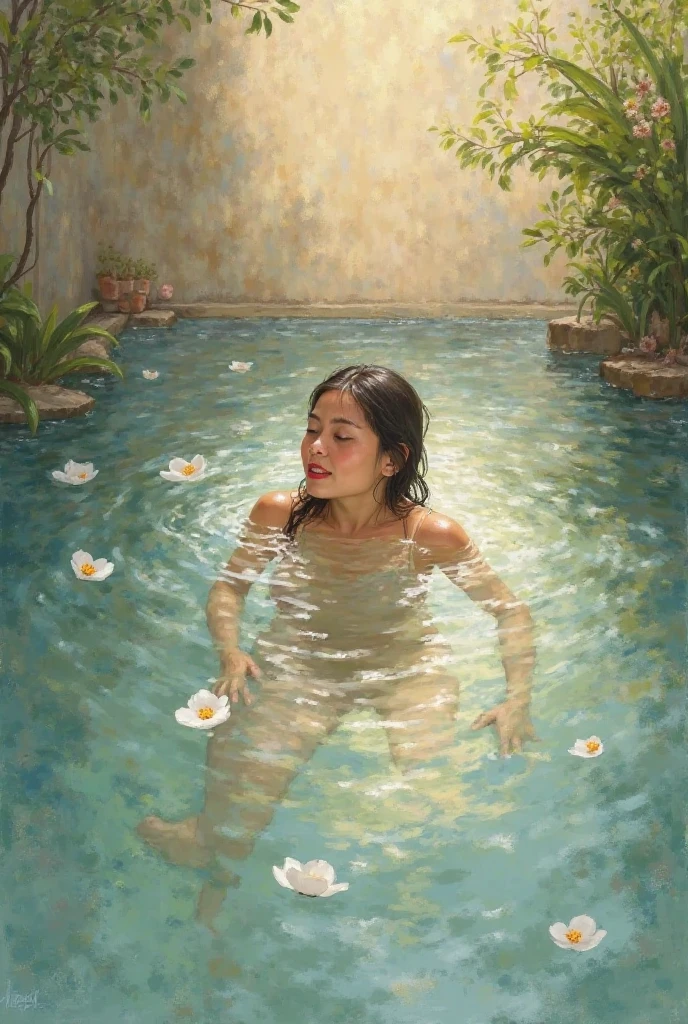 Exquisite slender girl ((with a perfect, very beautiful face and almond-shaped eyes)) (with a southern skin tone and soft lips) (with dark amber hair) with tender ((Small) (((naked)) breasts) (with the little ones (tender pink bare nipples))) ((nude)) (barefoot) ((in a humid greenhouse with a lot of plants and flowers)) ((with open doors and large windows)) ((on another planet)) ((with electronic bracelets on the arm and ankle)) ((с naked маленькой breasts и стройной талией)); (((steam and warm water), Streams of water, nudity, languor, plants and fruits everywhere, many leaves and branches)); ((precious (decorations on the chest and wrists and ankles))); ((dawn morning summer gentle golden light)), ((pastel soft warm shades)); (warm (summer) early morning), ((dawn soft warm light)); (draw ((in watercolor style))); ((very beautiful exquisite face)); (high image quality, high detail), (discreet faded shades, pale expressionless colors, imitation of film photography, (dim lighting)); ((big alien eyes), skinny); ((delicate mint shades, peach and mint shades)), (blue and mint shades), (sfumato)