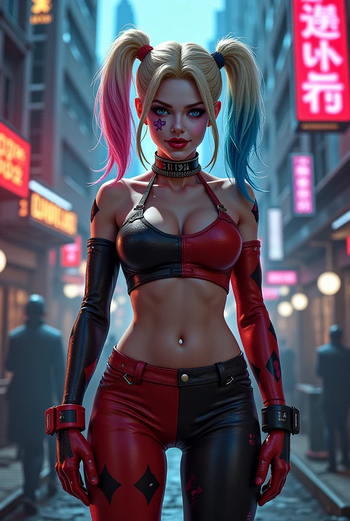 Harley quinn in sexy revealing harley quinn costume, in a new work street. disney pixar 3d