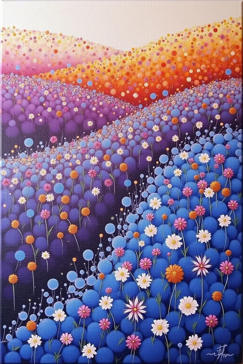 design an abstract oil painting depicting a sea of blue wildflowers, purple, red and orange