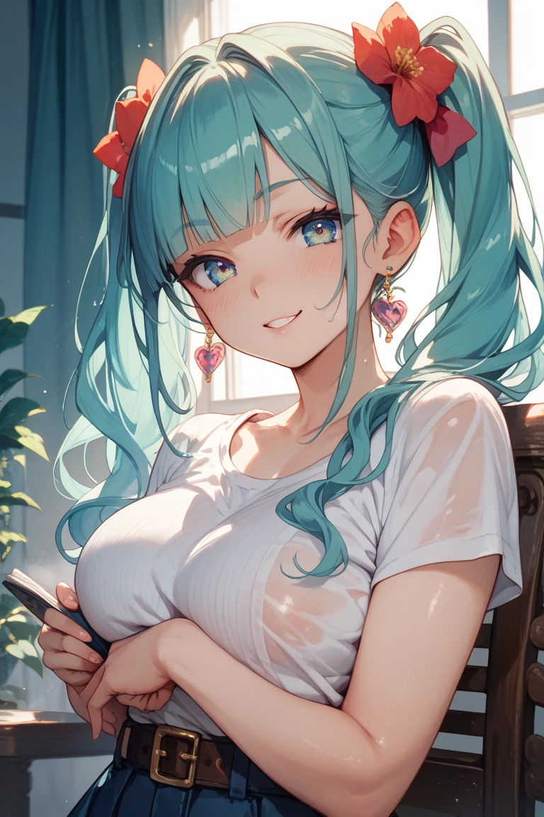 (8k、Best image quality、highest quality、masterpiece)、Detailed face、One Girl、Light blue hair、length、Wavy Hair、Red eyes、Big Breasts、White T-shirt、Tail Tail、Shoulders out、wariza、Shot from above、messy room background,Open your mouth, cum on tongue, Cum in mouth, tongue, tongue out