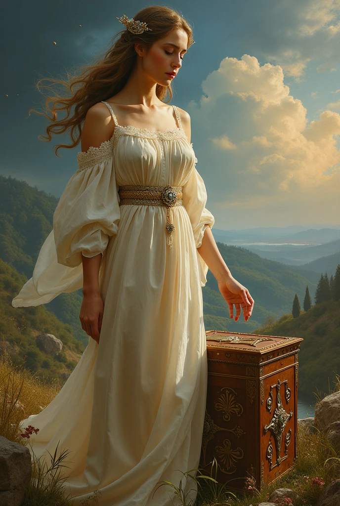(Bettie Page:0.6), queen princess LindsayLohan looking over a tiny window into the evening sky at sunset, romantic mood, hyper realistic, <lora:lindsayLohan_v10:1>, soft, delicate, details, beautiful clear sky, j. c. leyendecker