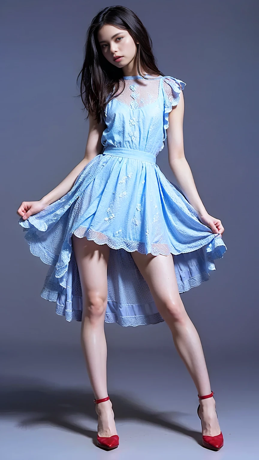 ((full length body and legs pose)), ((masterpiece)), ((best quality)), (high-resolution), (photo-realistic), (ultra-high detailed), (1girl), low cut dress with laced sides, split skirt, plain background