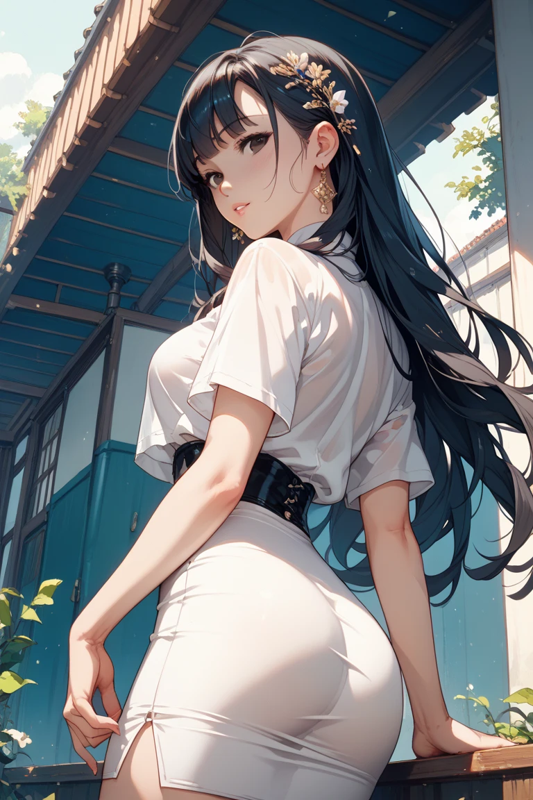 17 years old Japanese languid and tidy lady ((small breast))(( voluptuous)),  black very short length hair ((light purple highlights hair))((upper shaggy ponytail :1.5)), ((tidy white blouse with no pattern ))((blue long slim silk skirt)), ((sultry smile))((tongue out a little)), droopy and gentle eyes ((light green)), eyelashes, calming and languid atmosphere, blush, seems very sultry and calm, ((looking back pose )),low angle , (( face focus:1.3)), best quality,MSFW