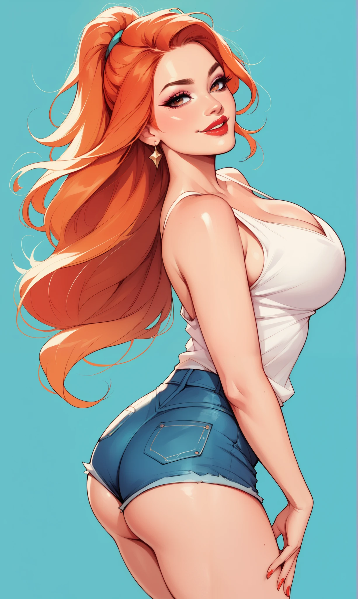 check_9, check_8_up, check_7_up, 1 girl, Simplified background, Asiatic, casual clothes , sunny, beautiful, flirty face, Red lips, sharp eyes, big breasts, big ass, Beautiful eyelashes, cute face, high detail, Hands, seductive face, Good Makeup, Red hair, orange hair, cute face, white top, short shorts