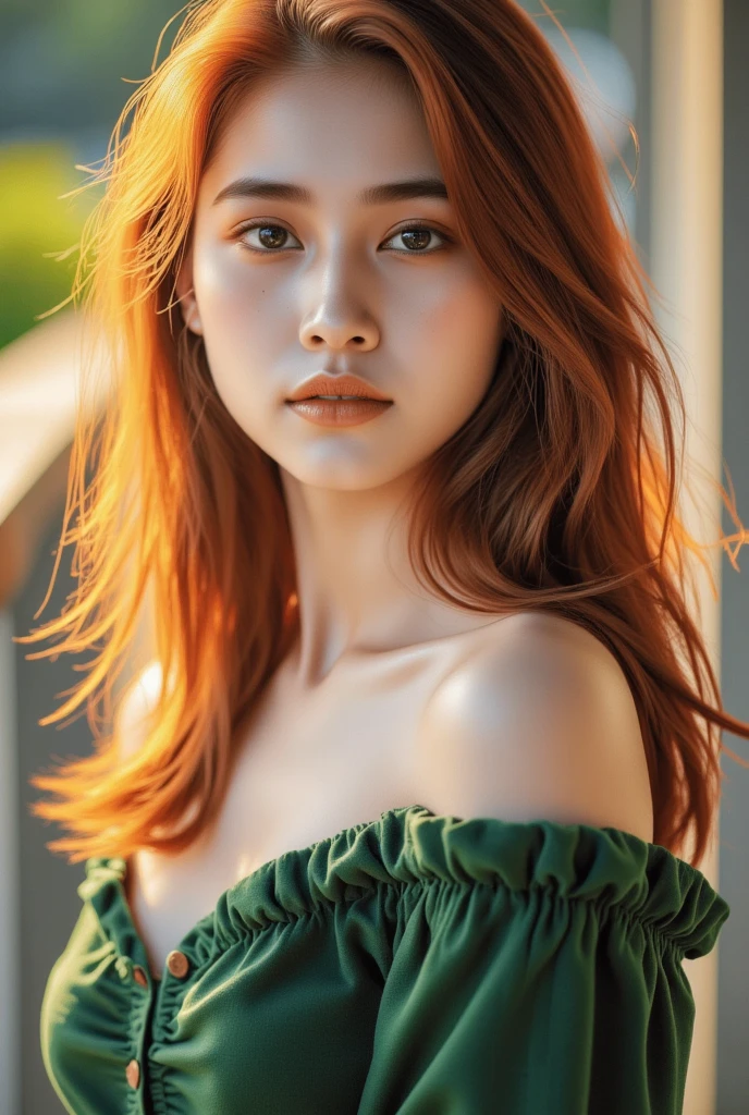 young Noriko Sakai, blazing crimson red hair, masterpiece, best quality, photorealistic, long pointy elf ears, glowing green sparkly skin, soft lighting, bodycon, voluptous, cleavage, windy cliff, sunny backlighting, bloom, light sparkles, sharp focus, colorful crimson liquid gel shower, succubus cosplay, close up, fashion designer, respledent tiny skull pearls, halloween pumpkin, baroque, in the style of Victor Ngai