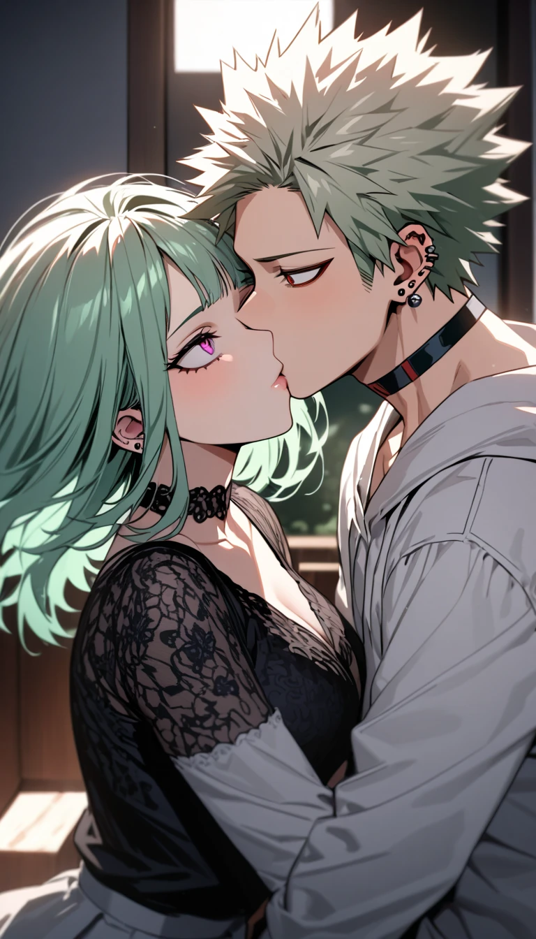 "A tender moment: A boy with pristine white hair passionately kissing a girl with vibrant green hair against a brick wall."