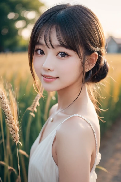(masterpiece:1.4),, (best quality:1.4),, ultra-high res,, 8K, CG,, (extremely delicate and beautiful:1.2),, , upper body,, from side,, looking at viewer,, , 1girl,, solo,, fashi-girl,, mature girl,, , cute, sweet,, , in the wheat field,, blurry background,, , long brown hair,, ponytail hair,, , brown eyes,, closed mouth,, red lips,, , face brushed by the wind,, , white dress,, medium breasts,