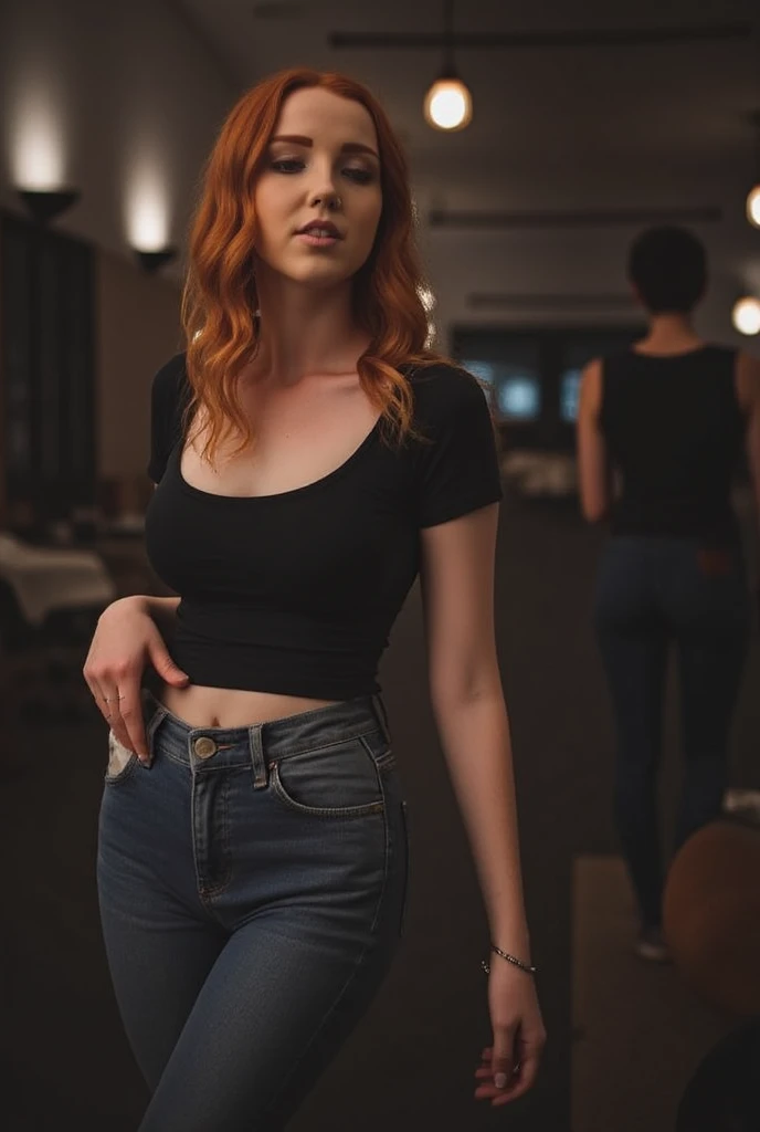 mujer blanca con pelo rojo, 23 years, grandes ojos verdes, rostro hermoso, imagen 4K, cara de (Scarlett Johansson y Ana de Armas), in a short skirt and black sweater on her back looking behind.
