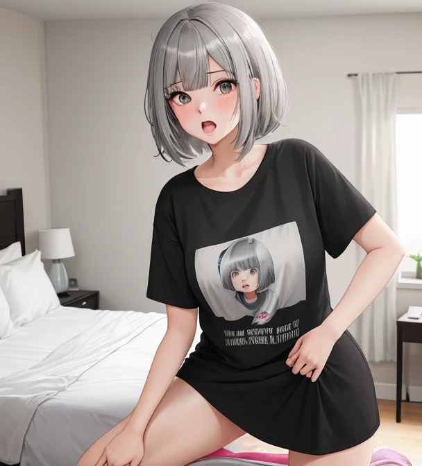 ​masterpiece,Top image quality,hight resolution,imagem 4k,Raw photo,Photorealsitic,{Solo},teens girl,silber hair,Bery short hair,stare at each other,Blue eyes,小柄,Silver fox ears,Fox tail,,Shy face,,boyish,Big white t-shirt,,on the beds,Wet
