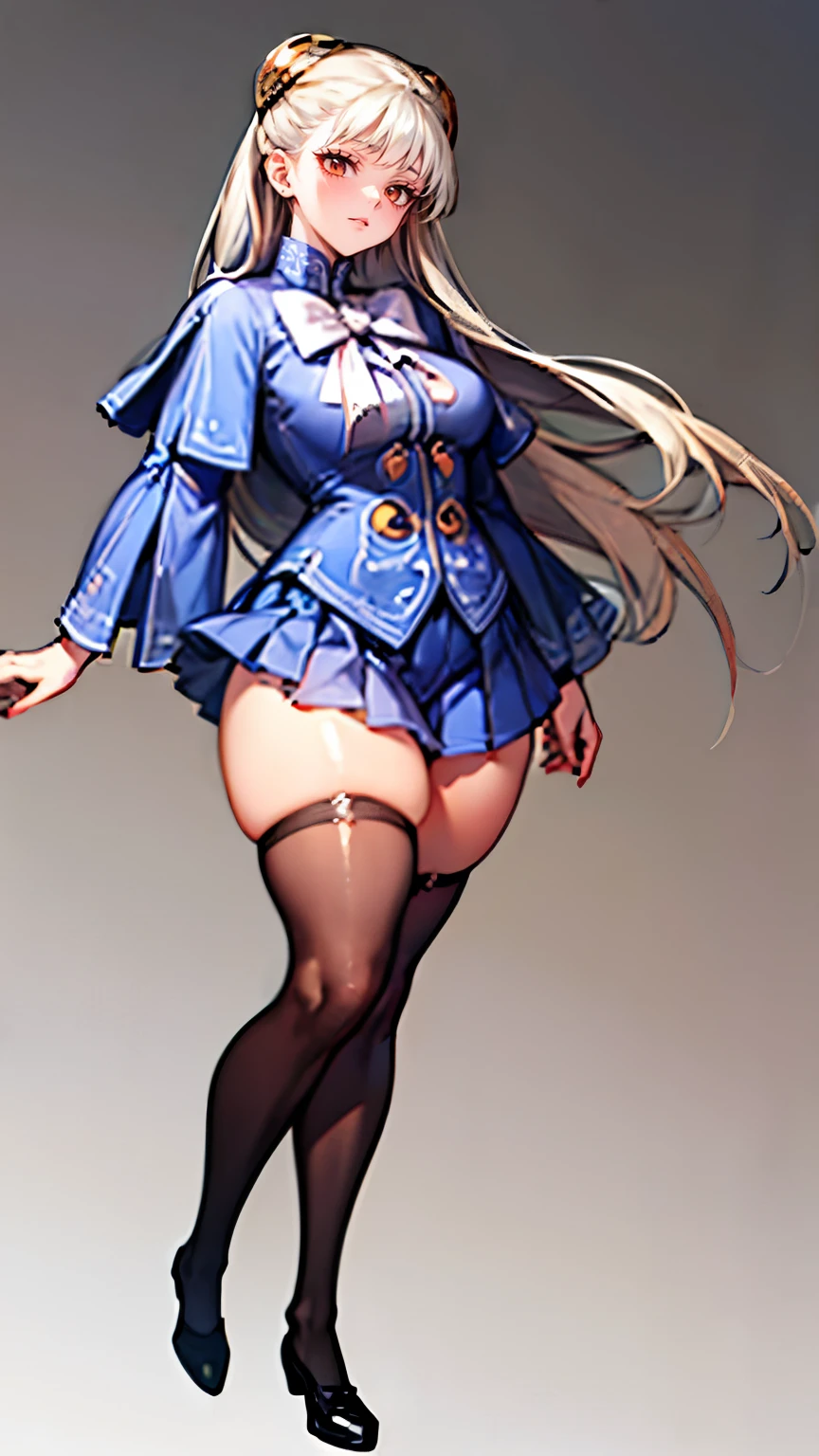 1 masterpiece, full details, 4k quality, 1 girl, mature woman, magic girl, solo, ((full body)), ((standing)), big breast, standing , ((trembling)), glasses, knee high boots, leg warmers, ((high waisted skirt)), ((pencil skirt)), ((micro bikini top only)), tight black micro bikini top, black sailor collar, black sailor collar), black thigh highs, blue scarf, boots, , green skirt, green heels boots, sleeves past wrists, puffy sleeves, ((fur trimmed jacket)), open jacket, heart shaped pupils, long blonde hair, curly hair, big hair drill, smile, mouth, open mouth, ((simple_background)), white_background, alone background.