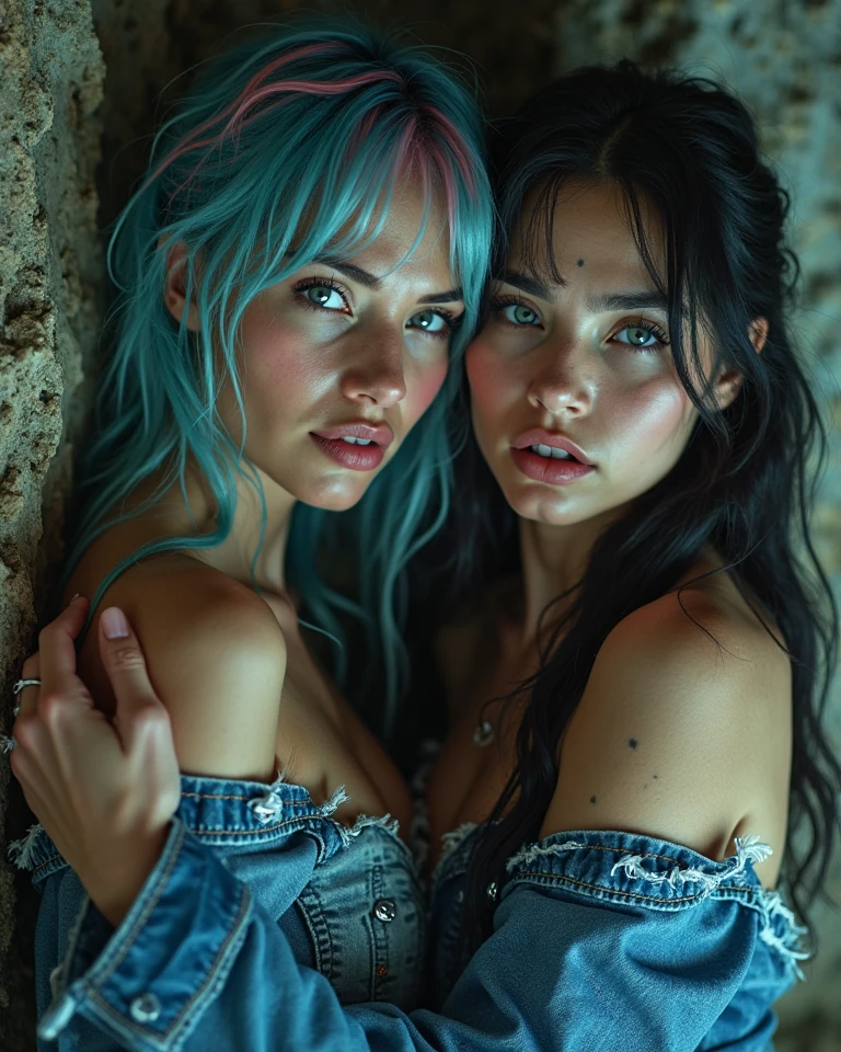 RAW photo of two young girls:1.5 hugging, colorful photo:1.5, long hair, multicolored hair:1.7, cute face: 1.7, perfect face:1.3, 2 beautiful girls looking at each other, facing each other, chest against chest, shiny body:1.5, pale skin:1.5, best quality, epic (by lee jeffries and quentin tarantino photo, sony a7, 50 mm, pores:1.5, colors, hyperdetailed:1.5, film grain:1.4, hyperrealistic: 1.5), hyper-realistic lifelike texture, masterpiece, unreal engine 5, Extremely detailed CG unity 8k wallpaper, realistic eyes, UHD, HDR, DSLR, Madly detailed photo, ecstasy of light and shadow, deep shadow, (Winner of the Pulitzer Prize for Photography and Taylor Wessing Photographic Prize), amorous look, aroused, analog style, model shoot style