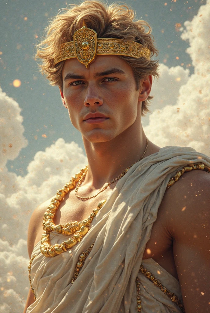 Young man with short blond hair, blue colored eyes, slight smile on your face, two blue marks around the eyes, wearing no shirt, wide blue pants with some details and similar to Arab pants, two gold bracelets with sapphires on the wrists, golden crown with sapphires and similar to a tiara on the forehead, gold necklace with sapphires, standing with arms crossed, a triangle made of crystal clear water floating around the head, arab city in the desert, 独奏, Masterpiece artwork, precise, High details, 3D rendering, conceptual artwork, cinematic lighting, macro photography, 真实感,
