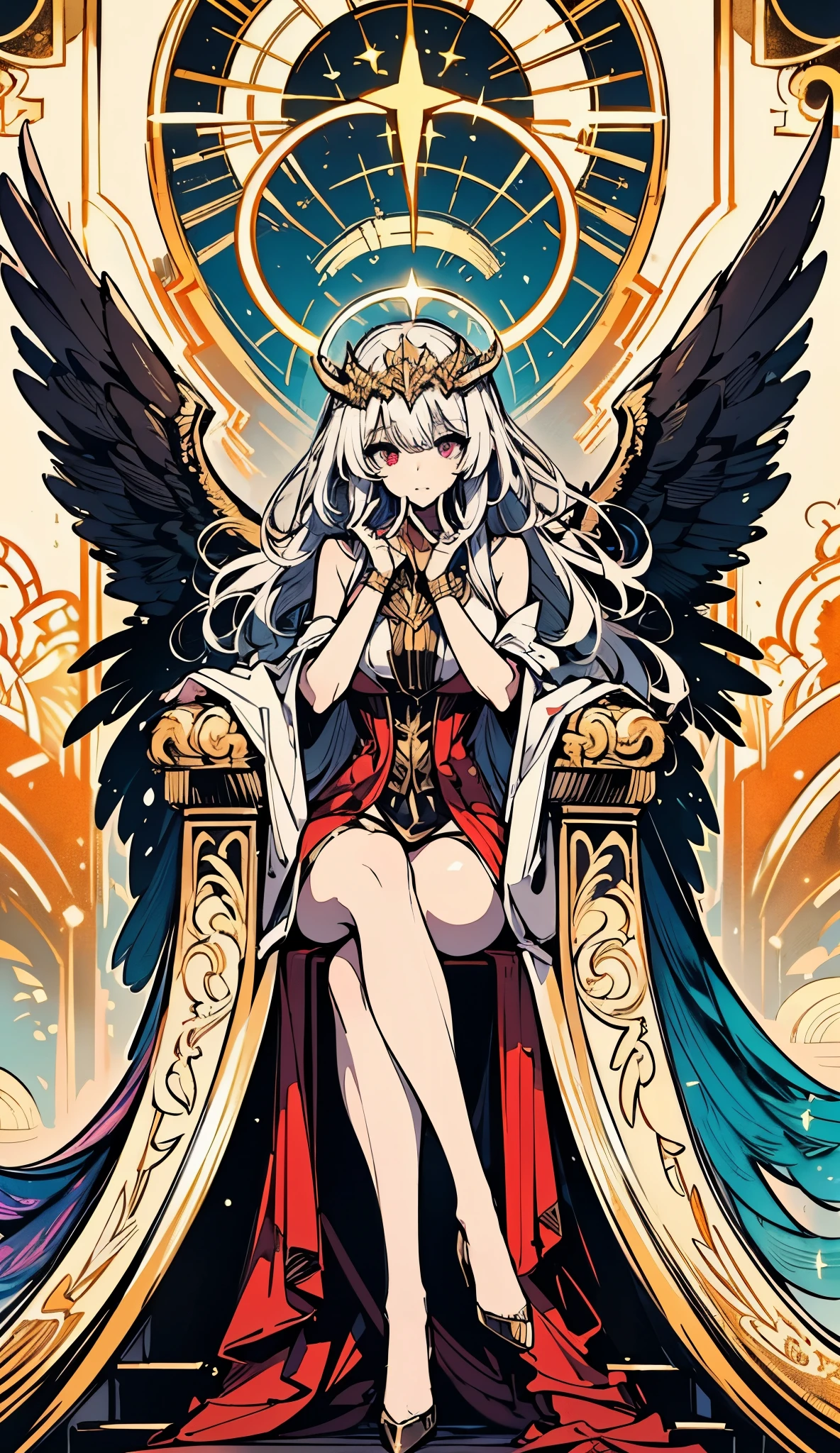 1Girl mistical, Valkyrie from Norse mythology, huge wings, open wings, 4 asas, wings top, Wings bottom, heavenly wings, halo, halo angelical de espinhos acima da cabeça, long hair that reaches the floor, Hair in full motion, open hair, Nordic divine garments, gold ornaments, heterochromia, red and purple eyes, hair, Thicc thighs , medium breasts, heavenly mask on her mouth, is moving towards the viewer in an imposing and overwhelming way, Mystical feathers flying through the environment, look away, arrogant, pride, Altivez, opulence, ((((She's sitting on a golden marble throne))), { 16k CG unit wallpaper}, Expansive landscape photograph, ( a view from below focusing on the character and the setting ), ( wide view of open field ), (low angle photo), (high light: 1.4), (low light: 1.9), (source of hot light: 1.2), Complex details, ( iridescent colors : 1.2), (bright lighting), (atmospheric lighting), Dreamer, unique, bright colors