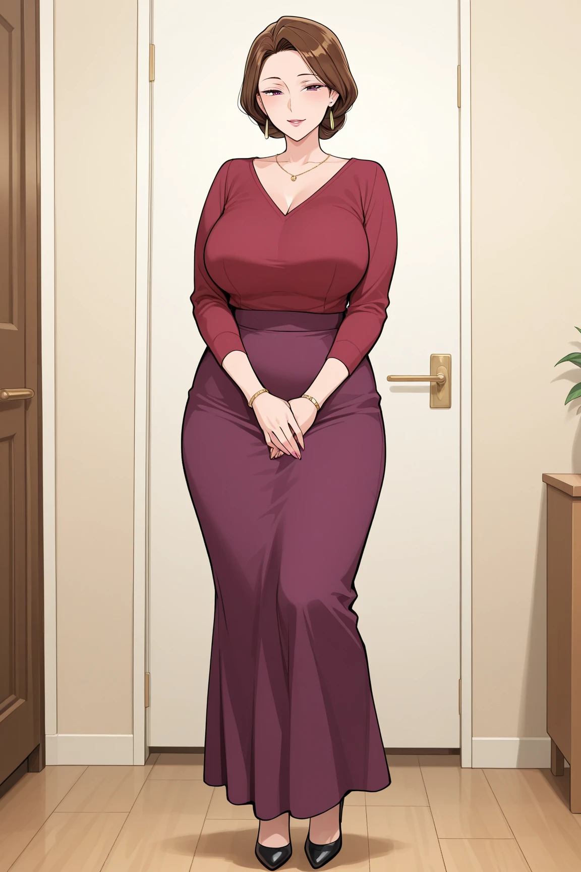 Full body, bedroom, looking at viewer, Short bob haircut, Windswept Messy Bob purple Hair, eyeliner, (red dress), (red lipstick), (light blue pearl necklace), cleavage, milf, mature