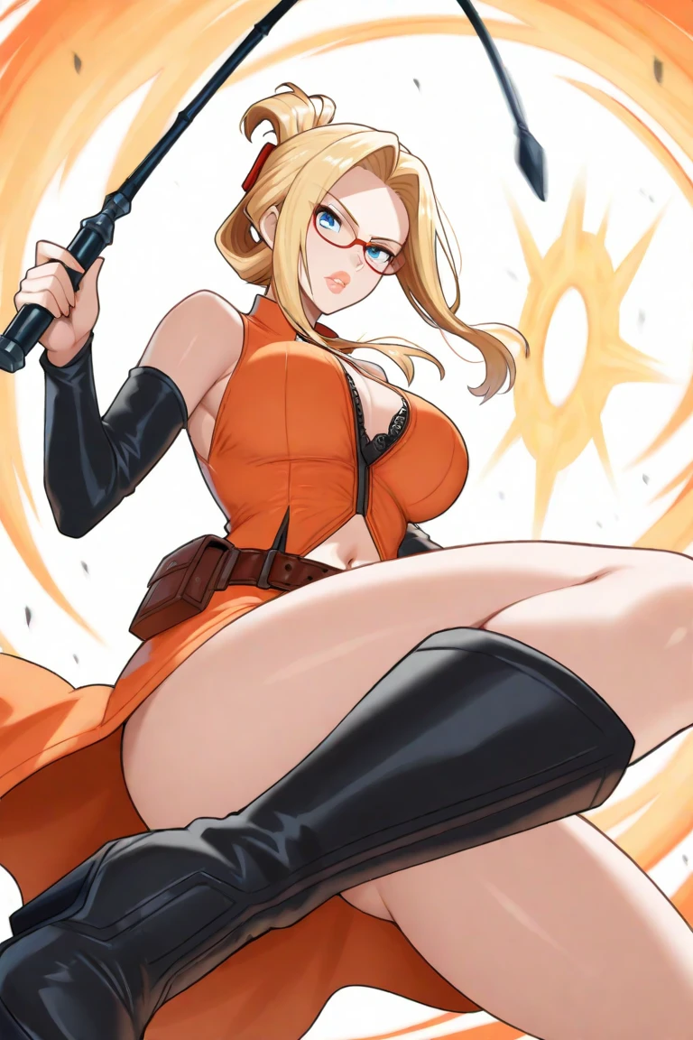 A blond girl with blue eyes and huge boobs in tight PJs and have a Whip in her hand and with glasses on