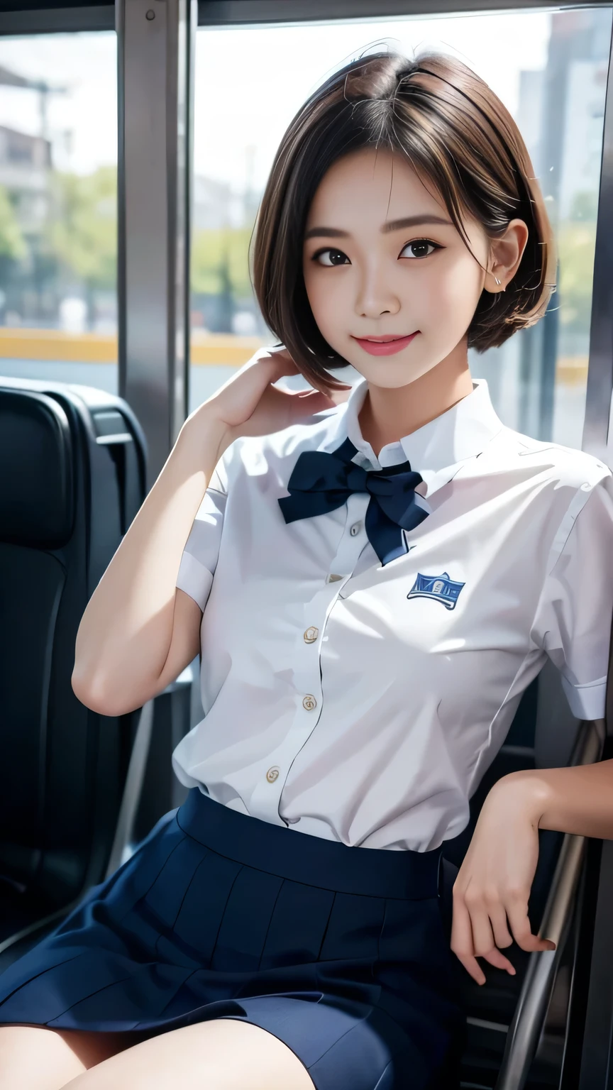 Tabletop, Highest quality, shape, Very detailed, In detail, High resolution, 8k wallpaper, Perfect dynamic composition, Beautiful details, White Magic Academy Uniform, Natural Lip, Big Breasts, Exposing the breasts,Asymmetrical Wave Hairstyle, smile, White Background