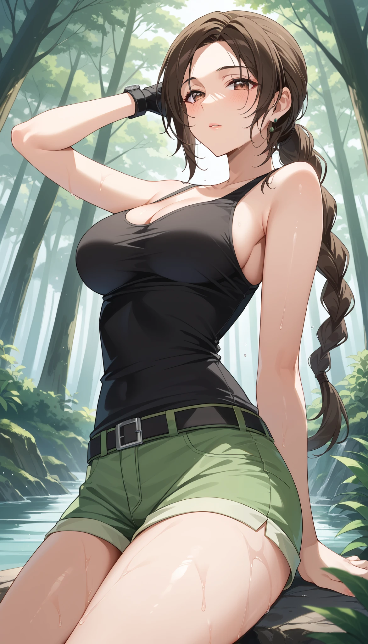 A 38-year-old Japanese woman with long brown hair, a B cup, 90cm hips, wearing Calvin Klein underwear.