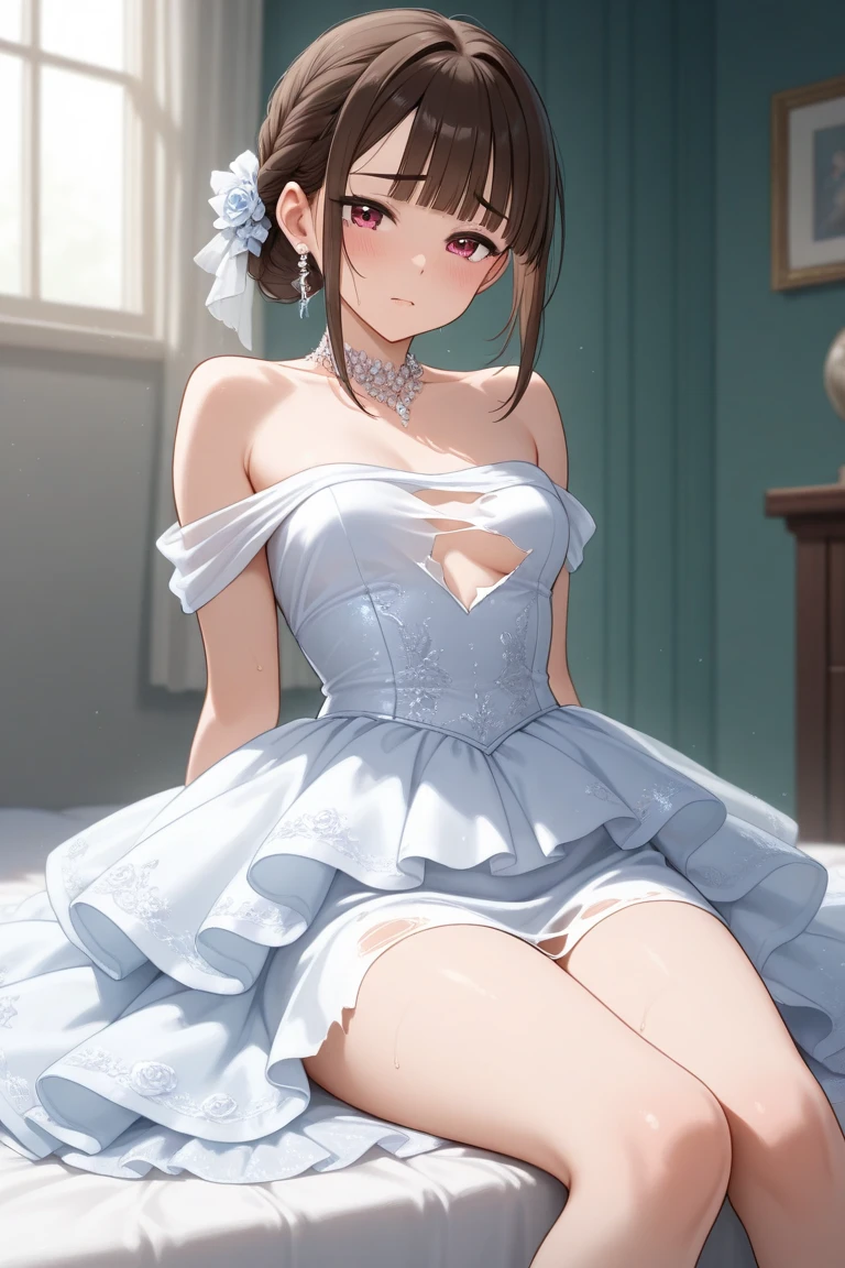 masterpiece, Highest quality, High resolution, One girl, alone, short hair, Brown Hair, Brown eyes, chest, Bedroom、((Wedding dress))、((White Pantyhose))、(Long gloves)、Leg spread