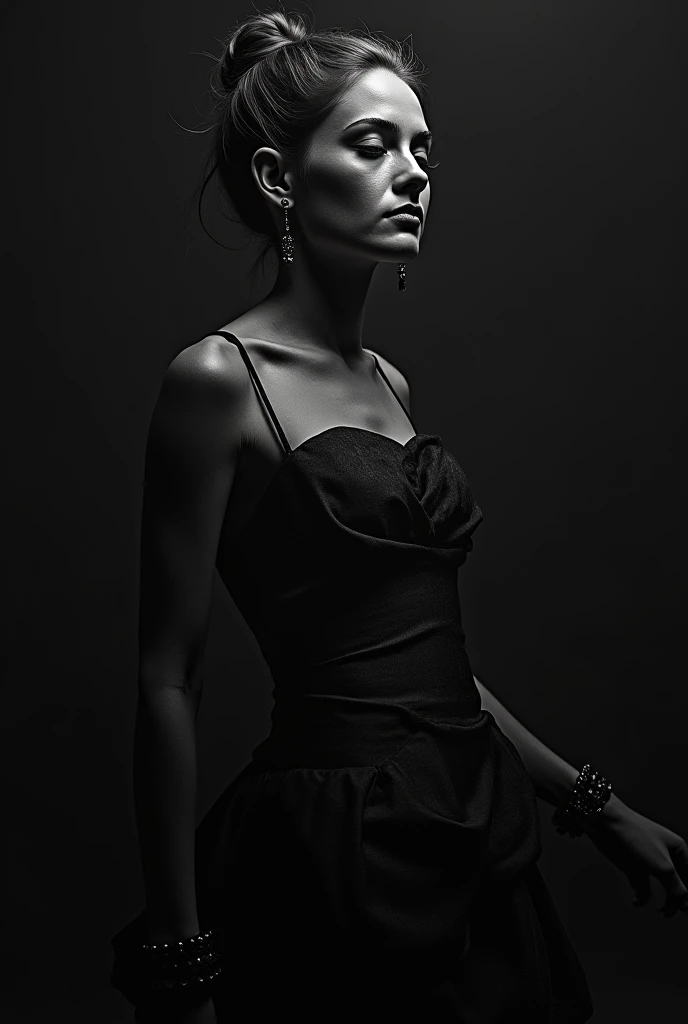 Create a captivating, noir-style portrait of a confident woman with wavy black hair and striking facial features. The image should be in grayscale, highlighting the contrast between light and shadow to create a dramatic effect. The woman should be dressed in a sleek, form-fitting black dress, with her figure partially visible in the background as a smaller reflection or a second focus. Emphasize her full lips, intense gaze, and well-defined eyebrows. The overall mood should be mysterious, elegant, and powerful, with a sense of timeless beauty.