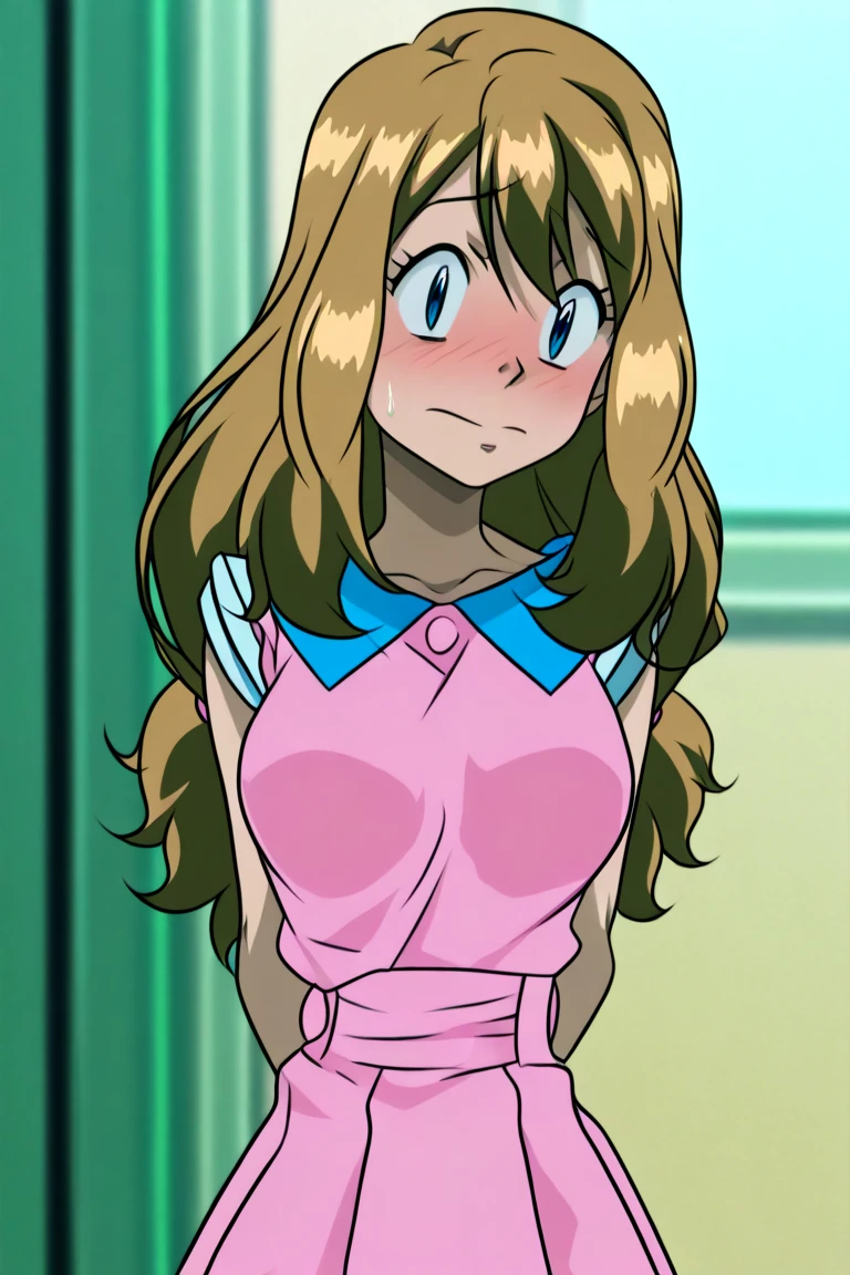 1 female, ONE PIECE STYLE, small ??? dog girl, realistic lips oversized white t-shirt going all the way to the thighs, arms crossed propping up breast, hourglass figure, cat ears, in an apartment, sigh, light brown hair, purple eyes, laughing, best quality