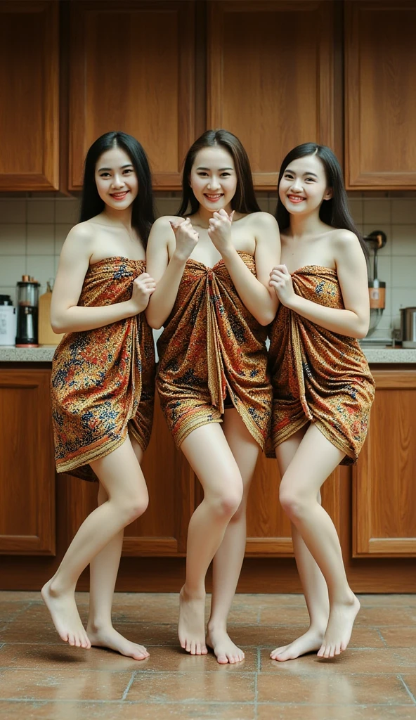 3 beautiful women, In the kitchen , dancing formation, face detail, happy expression, Graceful pose ,  agile movement , tiled floors,  wooden wall , warm lighting, Modern kitchen space,  photography, oil painting, 4K, Realistic art , ultra-detail, HDR, studio lighting, bright color, warm color palette