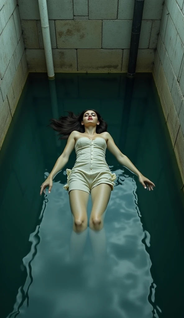 (photorealism:1.2), beautiful asain woman, in pool, whole body, dead, eyes white and rolled up , floating