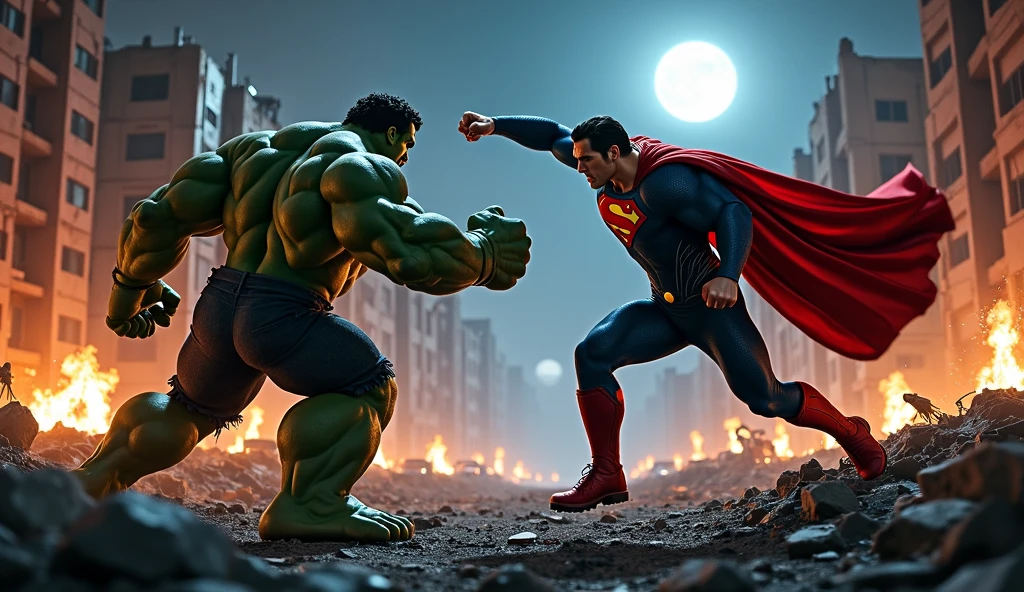 The Ultimate Showdown
Prompt: "A high-energy boxing match in a packed arena. Superman, in his iconic blue and red suit with an 'S' emblem, is in a powerful fighting stance, facing off against the Hulk, who is green and muscular with a fierce expression. The crowd is cheering, and the ring is brightly lit, emphasizing the dramatic moment as the bell rings."