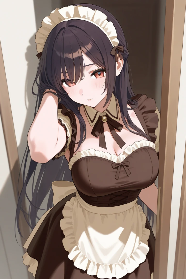 masterpiece, best quality, absurdres , perfect anatomy , Kuo Shenlin ,long hair,1girl,,(((busty))),maid bikini ,heart shaped pupils, girl trembling with sexual climax ,steam
