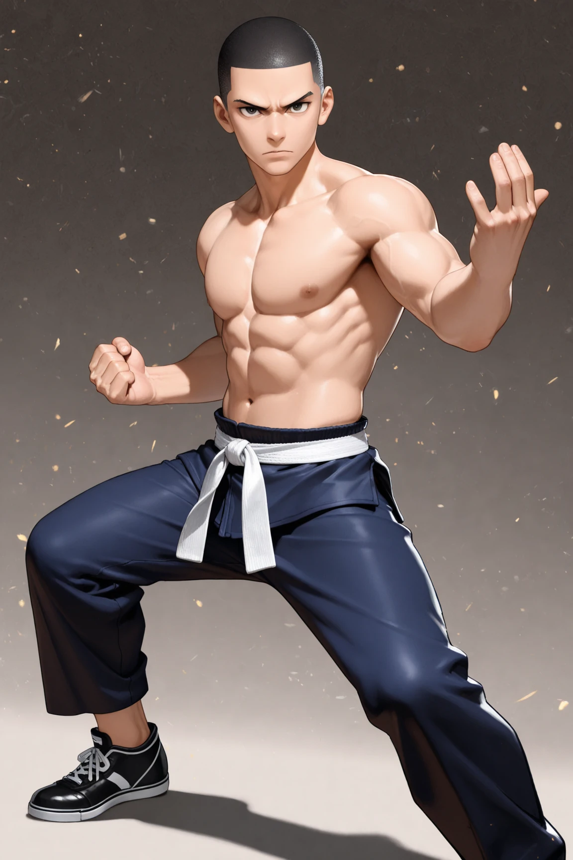 (Absurd, High Resolution, Super Detailed), Asian, 1 male, eighteen-year-old boy, handsome, tall muscular man, broad shoulders, very short hair, bottom cut, dark brown eyes, fine eyes and detailed face, extremely detailed CG Unity 8k wallpaper, intricate details, (style swirl magic: 0.7), looking at the audience, solo, (full body: 0.6), detailed background, detailed face, (European medieval fantasy theme: 1.1), hair fluttering in the wind, martial artist, Dynamic pose, fighting stance, clenched fists, fingerless gloves, wristbands, dragon-themed costume, monk robes, bamboo forest in background, swirling floating particles, dynamic composition, mysterious oriental medieval atmosphere, upper body naked, big muscles, white rubber pants, (((((crotch bulge))))