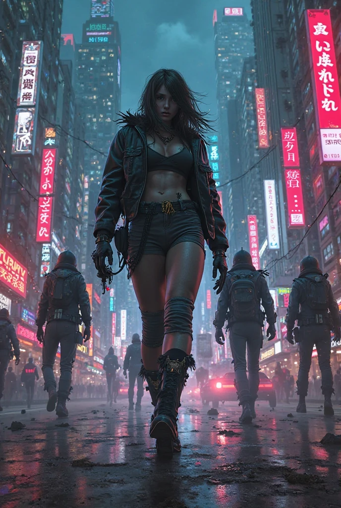 (((NSFW0.7))),Better Quality, Realist, Award-Winning Illustration, (Intricate details: 1.2), (Fine Detail), (Intricate details), (Cininatic Lights, Better Quality Backlight), Crisp Lines, Sharp focus, Official Art, unity wallpaper 8k, Absurd, unbelievably Absurd, Huge file sizes, Ultra- (in_main_two:1.21), (Neon lamp), Fantasy art, RTX,((triangle closeup photo by award winning studio )), 1 girl, so beautiful, (run away), small , ((two da cidade cyberpunk, Valkyrie)), Perfect hands, Beautiful and fine details, Perfect Face, (Cyberpunk Blouse, leather jacket, Martin boots) ,((Pleated skirt) ), ((Supermodel posture)),((Big Breasts)),(See through)