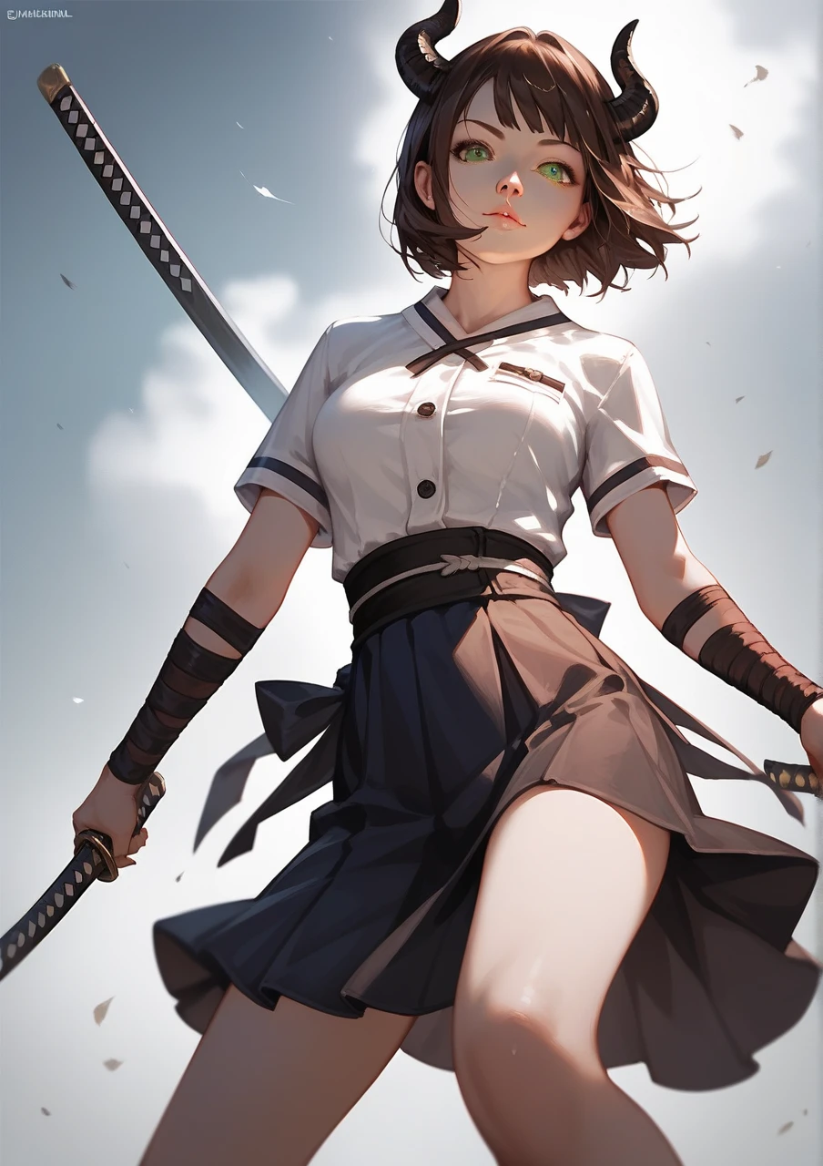 anime girl, back view, ninja with a katana sword, short brown hair,
