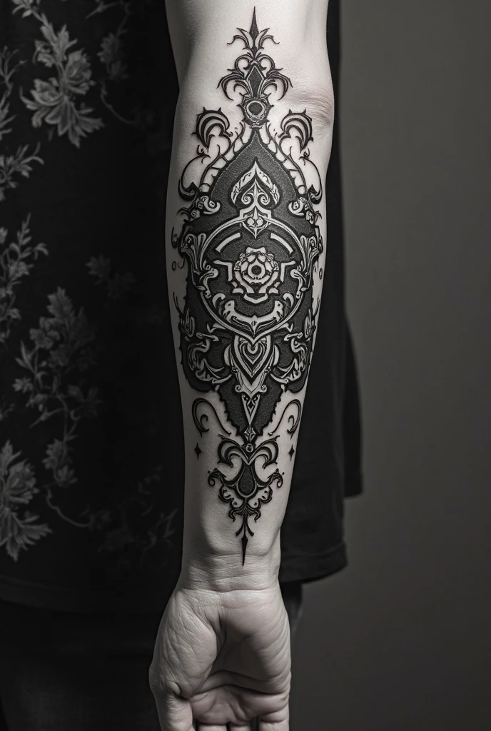 create tattoo stencil of a geometric mandala gray, black and white design for elbow