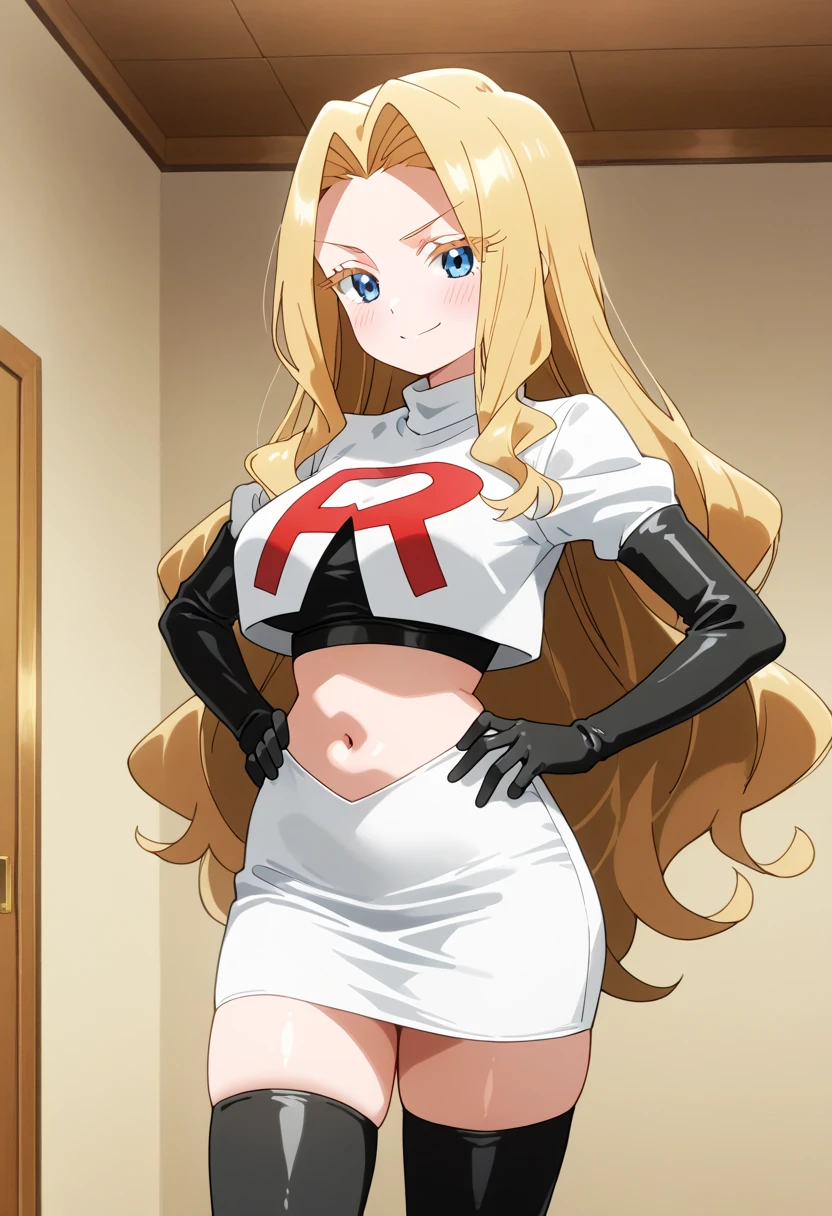 8k, anime screencap,1girl in, (solo:1.2), (perfect body:1.1), (best quality:1.1), very large breast, team rocket uniform, red letter r, white skirt,white crop top,black thigh-high boots, black elbow gloves, evil smile, looking down at viewer, hands on hips,zettai ryouiki,