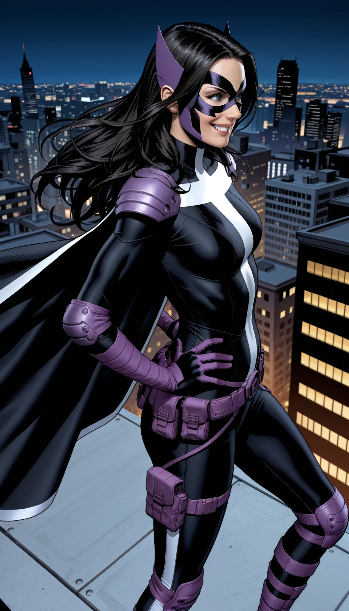 masterpiece, good quality, best quality, very awa, very as2, absurdres, highres, realistic
hntress, long hair, domino mask, shoulder armor, cape, bodysuit, gloves, utility belt, knee pads, smile, hands on hips, view from side, superhero pose, on a rooftop, city scape, at night, from above