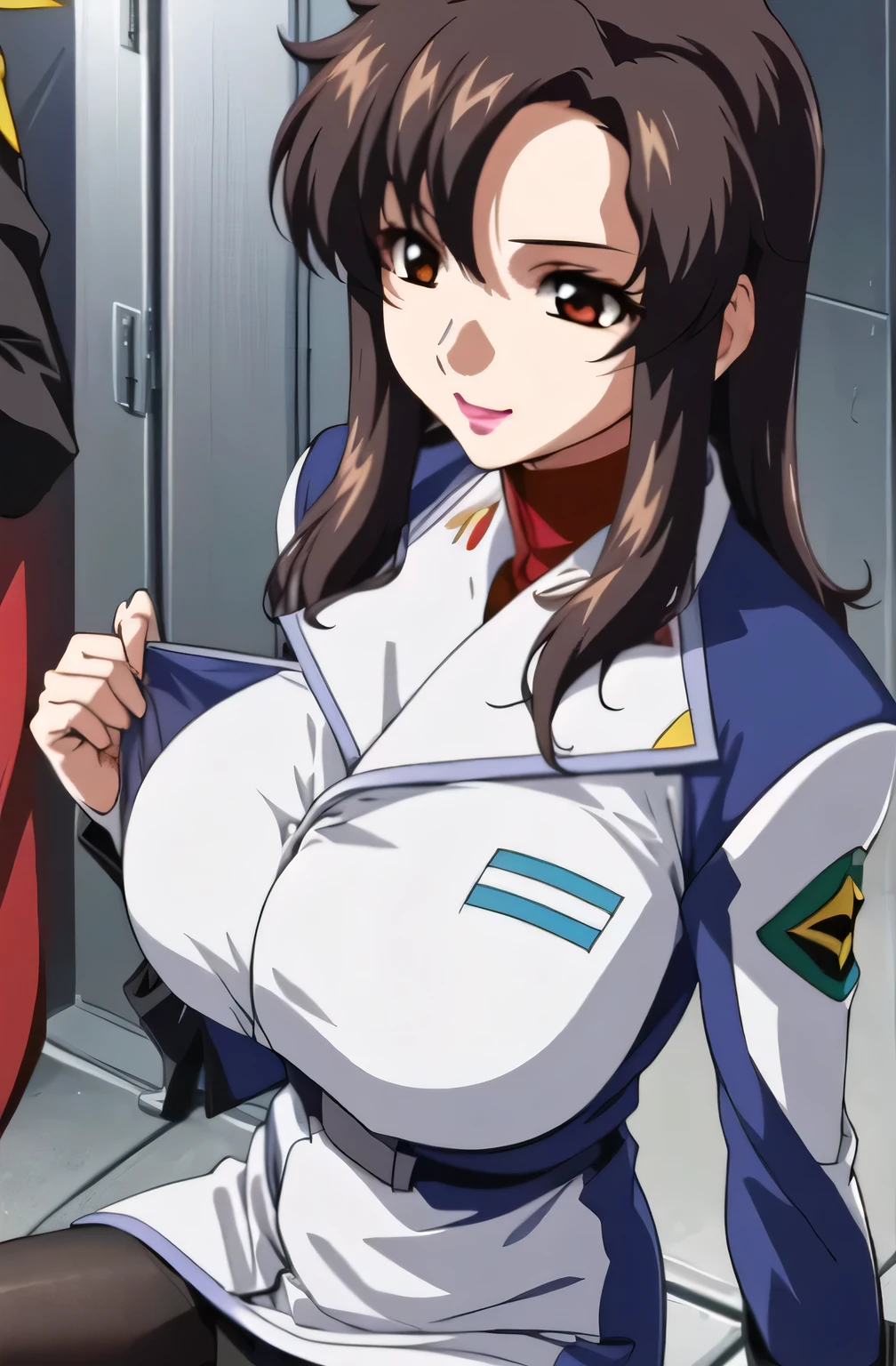 all fours, (livingroom background), military uniform, military,jacket,blue and white uniform, (topless uniform), showing bra, red bra, Skirt, (black_pantyhose:1.3), Murrue Ramius, mature woman, anime cels style, best quality, high resolution, 1girl, (huge breasts:1.2), beautiful face, Beautiful Finger, Beautiful long legs, Beautiful body, beautiful nipples, beautiful vagina, Beautiful Nose,Beautiful character design, bangs, brown hair, long hair, red eyes, lipstick, makeup, (cowboy shot), smiling, looking at viewer