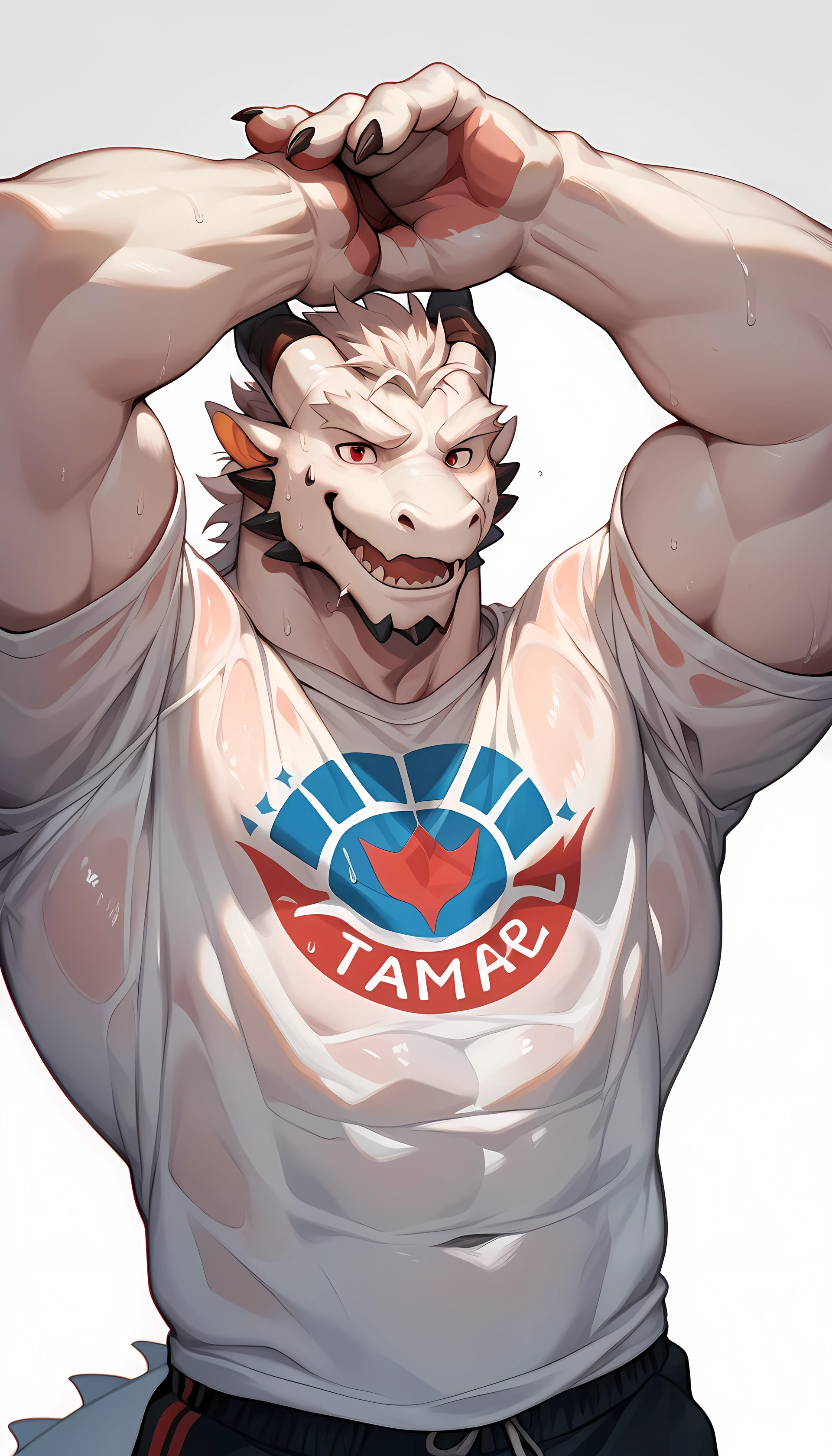 dragon,white body,scale,male,furry,(red eyes),handsome,simple background, strong,muscle,sweat,(Sweat soaked the clothes:0.6),(hands on T-shirt:1.2),(happy),mature,detail face, detail eyes,
