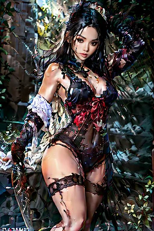 voluptuous young beautiful sexy dnd dhampir holding vorpal sword with white hair and red eyes with black armor on