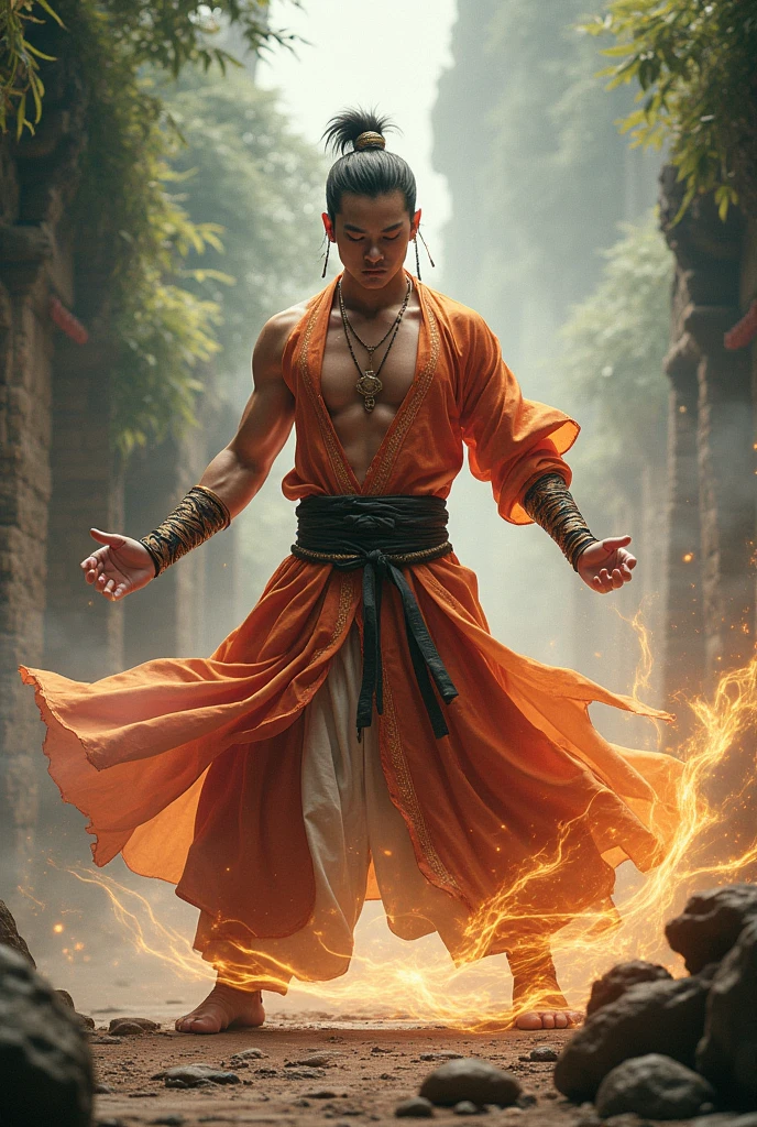 1man, shirtless, martial arts, yellow mask covers upper face, white eye patterns with black outline , muscular, green costume, yellow belt and boots, burning fists, dragon tatto, mystical city background