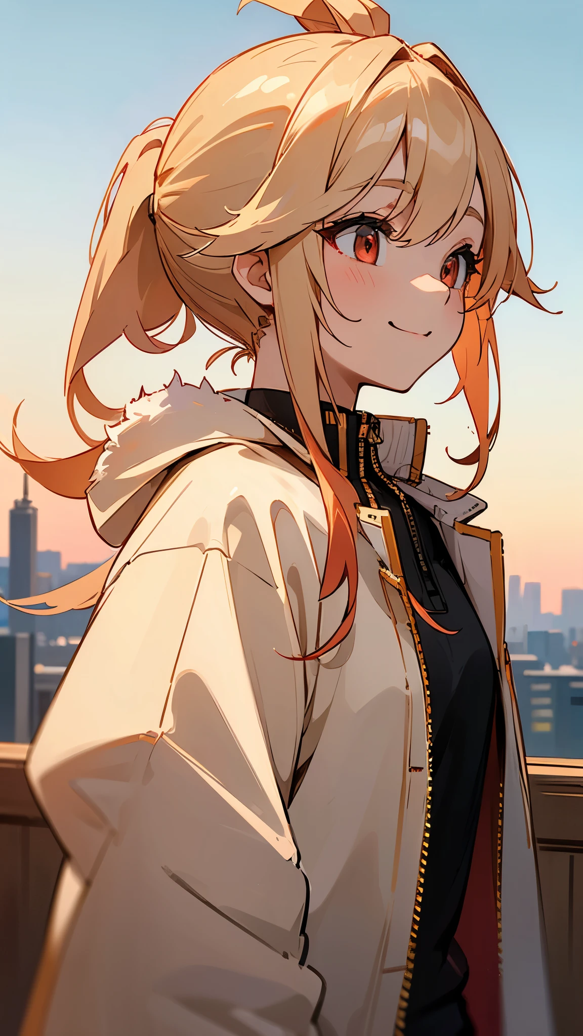 (masterpiece)、best quality、 Yan Photo、one girl、zip-up jacket with white fur、black loose t-shirt、Red round eyes、blond hair、ponytail from Yubi's point of view、profile、smile、close up of her upper body、 golden hour sky、urban main street background