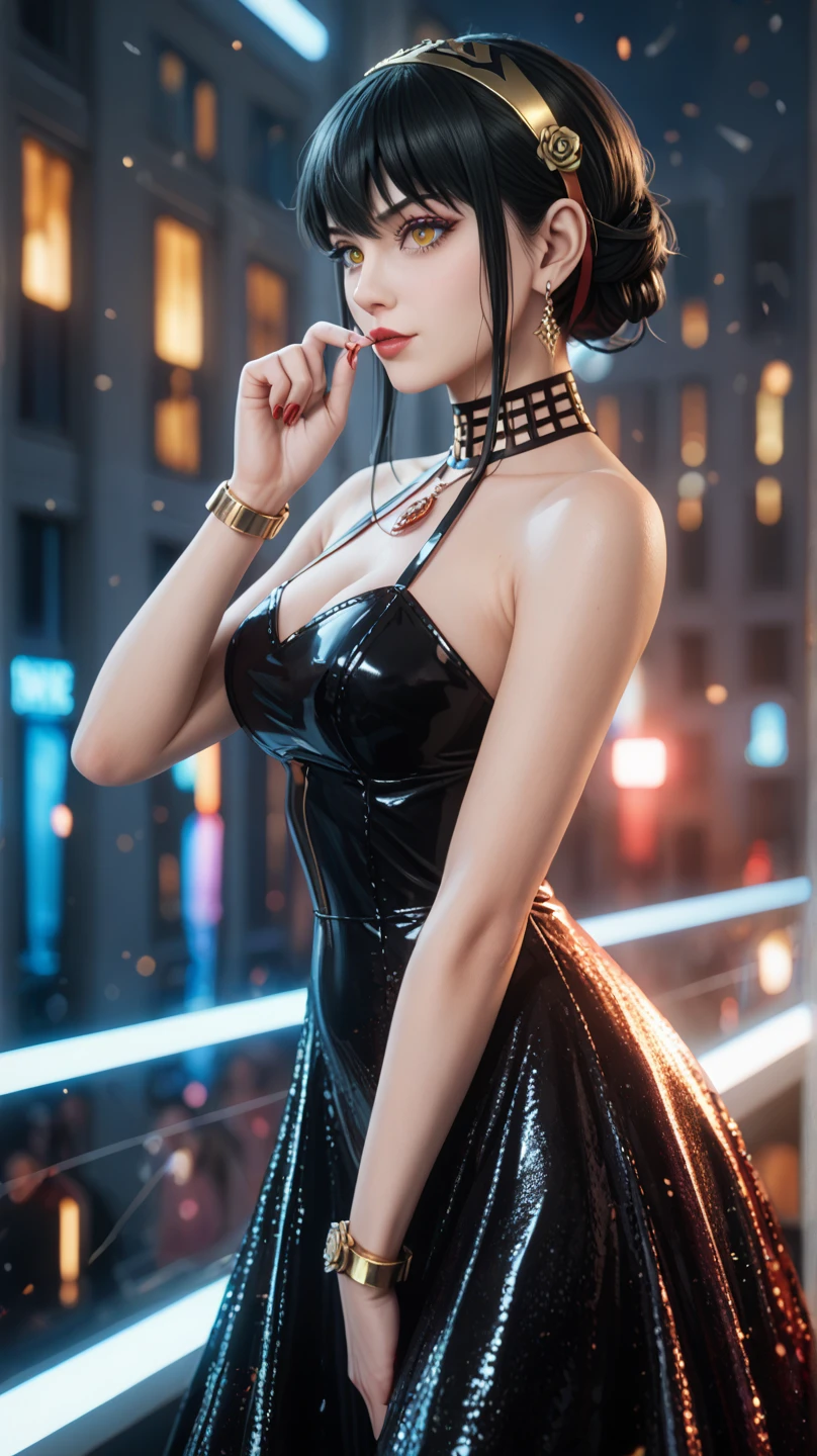 1lady, solo,black hair,black dress,dealer,in casino,roulette