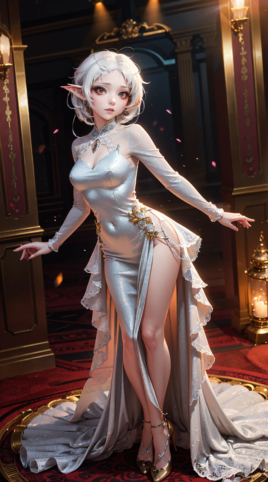 Beautiful short white hair woman is shown to have a slender figure. She is wearing a beautiful detailed gala dress , jewelry, she has green eyes, red roses in hair, Girl standing in a gala ballroom, sexy session, poseing,exposed cleavage, cowboy shot, superior quality, many details, realistic