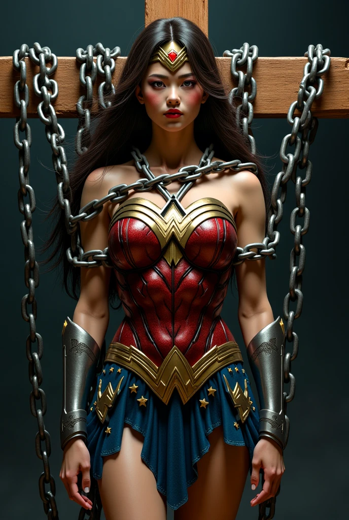 1girl, beautiful girl, wonder woman,blue skirt, standing, eyes close, scream, bruises body, (look down, head low), (((shackles)), ((shackles and arms down, chain leads, metal collar, wrists tied)), bondage, slavery, restraint, (basemend wall backgroun, dirty, dark, creepy), best quality, masterpiece, arms up, comic style, cartoon source