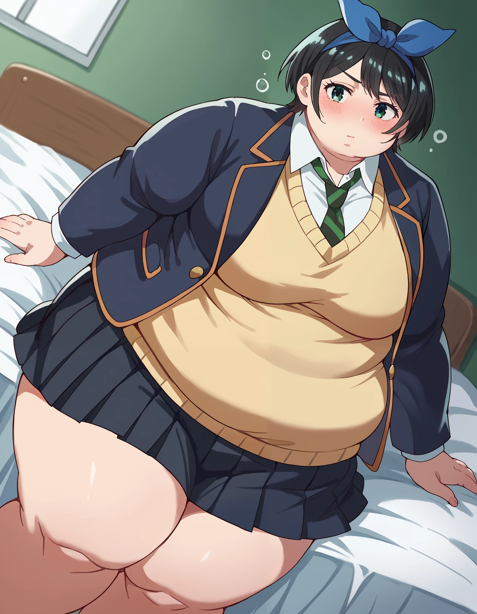 score_9, score_8_up, score_7_up, source_anime,
rukasarashina, ruka sarashina, short hair, bangs, black hair, ribbon, green eyes, hair ribbon, hairband, blue hairband,
skirt, shirt, long sleeves, school uniform, jacket, white shirt, pleated skirt, necktie, striped, black skirt, black jacket, blazer, sweater vest, striped necktie, green necktie,
indoors, bed, bed room, on side, blush, drunk,
looking at viewer, cowboy shot, solo, dutch angle, morbidly obese