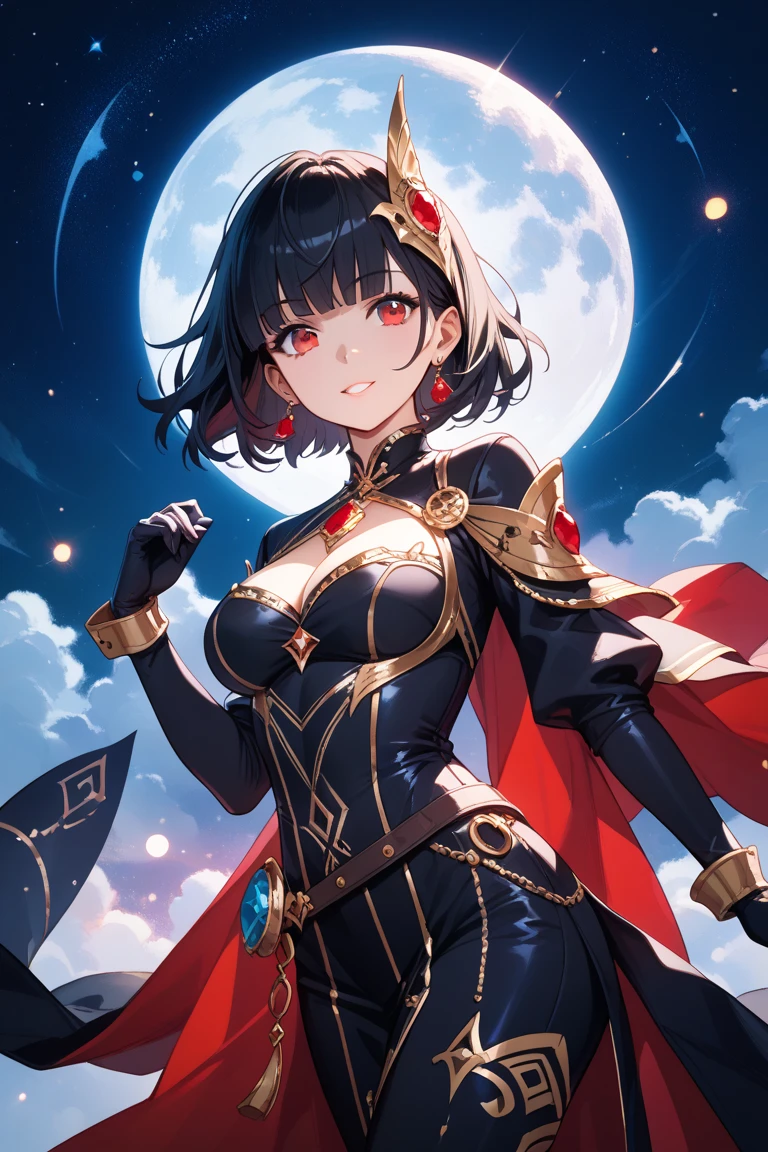 (masterpiece), best quality, highly detailed, detailed background, cinematic lighting, outdoor, 1girl, medium hair, medium breasts, leotard, bare legs, gloves, light particles. glow, magician, tuxedo, sparkling